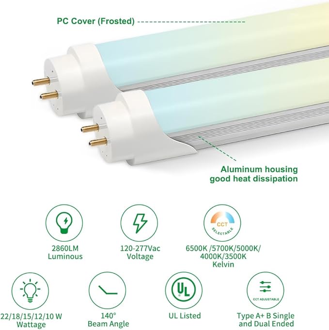 30PK T8 LED Tube Bulbs 4 Foot, Frosted 10W-22W 5 Watt Selectable 5 CCT 3500K-6500K, Type A+B Plug & Play or Ballast Bypass 4ft Fluorescent Light Bulbs Replacement, Single or Double-Ended