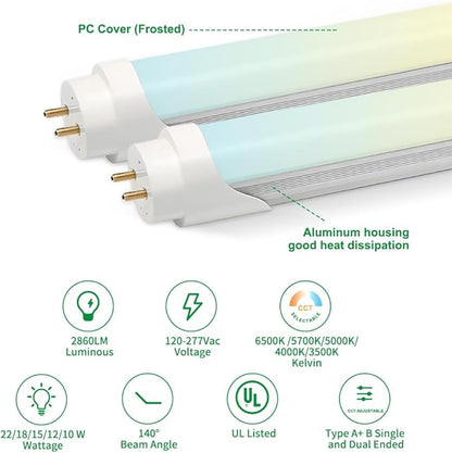 30PK T8 LED Tube Bulbs 4 Foot, Frosted 10W-22W 5 Watt Selectable 5 CCT 3500K-6500K, Type A+B Plug & Play or Ballast Bypass 4ft Fluorescent Light Bulbs Replacement, Single or Double-Ended