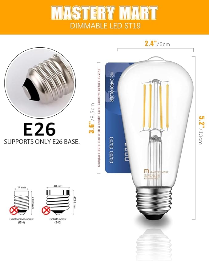 MASTERY MART 24 Pack Vintage LED Edison Bulbs, E26 Led Bulb 5.5W Equivalent to 60W, Dimmable, Soft White 2700K, High Brightness ST58 Antique LED Filament Bulbs, Clear Glass