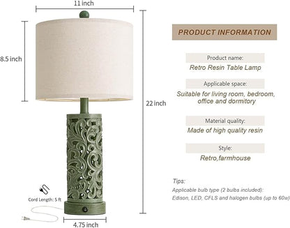 OYEARS 22'' Table Lamp Set of 2 for Living Room, Farmhouse Lamp for Bedroom, Vintage Bedside Lamps with Retro Design and USB Ports, Linen Shade for Home Office (Bulb Included, Green)