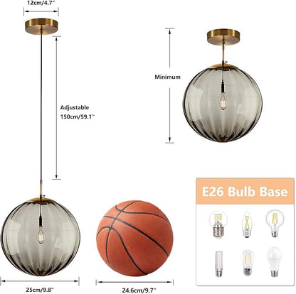 KCO Lighting Modern Large Globe Pendant Light Fixture Mid Century Smoke Grey Glass Pendant Light Vintage Hanging Lights Single Gold Globe Chandelier Kitchen Island Lighting (Smoke Gray-9.8”)