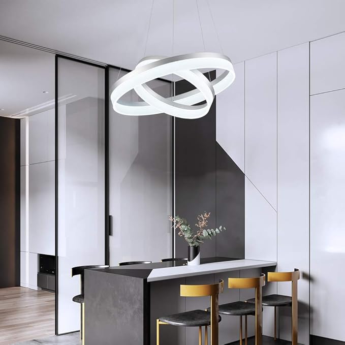 LED Silver Chandeliers Modern Pendant Light, 2 Rings Dimmable Chandelier Lighting Fixture for Living Room Bedroom Kitchen Island Resturant Dining Room 6000K Cool White