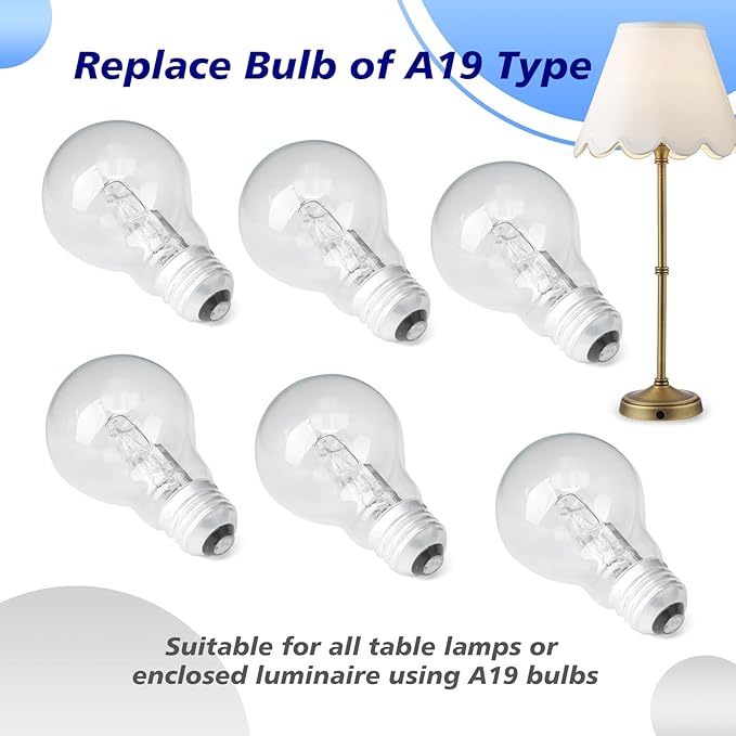 6Pcs 043168787963 Halogen Light Bulb for A19 Bulb Types 43 Watt 120V Replace 78796 E26 Thread Suitable for Table Lamps
