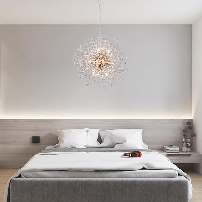 Firework Modern Chandelier, 9 Lights Sputnik Chandeliers for Dining Room, Dandelion Crystal Chandeliers for Entryway, Gold Chandelier Light Fixture for Bedroom