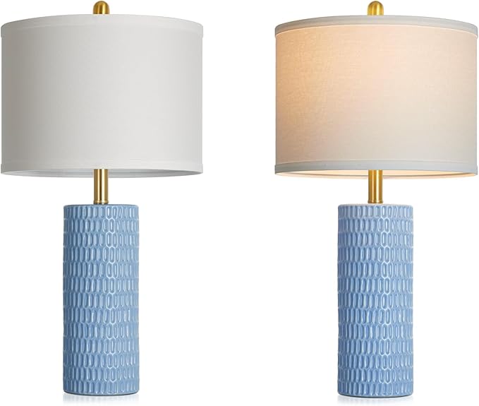 27" Blue Ceramic Lamps Set of 2, Coastal Ceramic Table Lamps for Living Room with Rotary Switch, Classic Bedside Lamp for Nightstand, Tall Lamps for Bedroom Side End Table Home Decor
