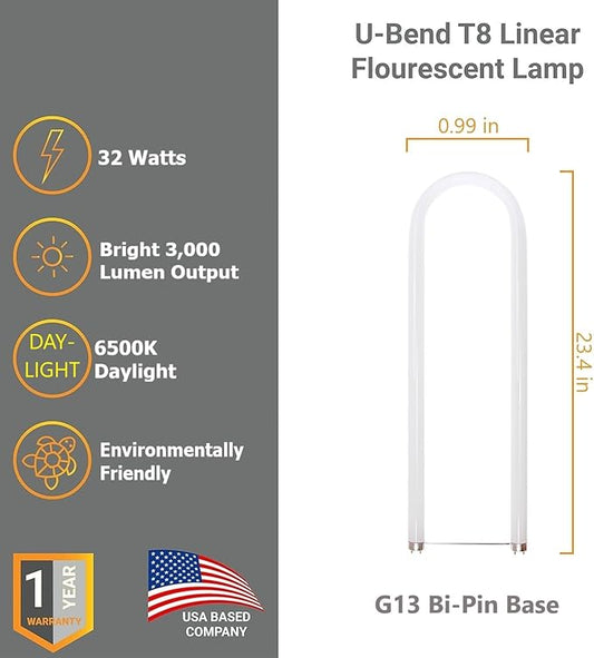 Diodesy- U-Bend T8 Fluorescent Tube Light Bulb 32W 3000 Lumens 6500K Daylight G13 Miniature Bi-Pin Base Rohs Compliant Pack of 12- U Shaped Linear Replacement Lamp