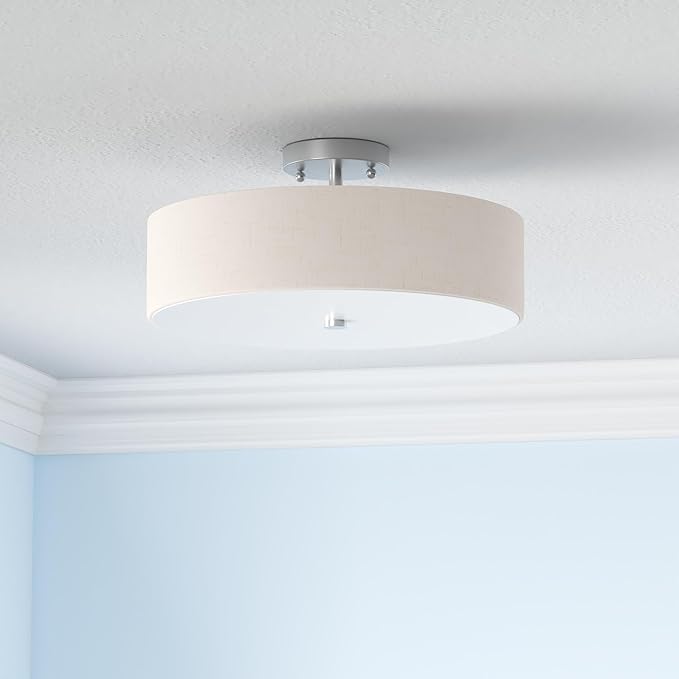 Livex Lighting 52136-91 Meridian Collection 4-Light Semi Flush Mount Ceiling Fixture with Oatmeal Color Fabric Hardback Drum Shade and Satin White Diffuser, Brushed Nickel