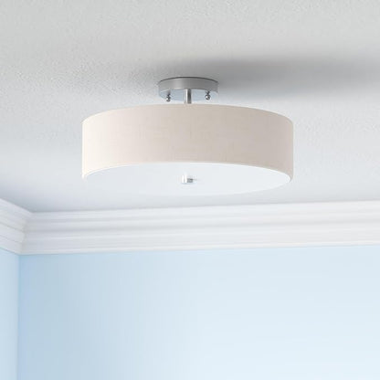 Livex Lighting 52136-91 Meridian Collection 4-Light Semi Flush Mount Ceiling Fixture with Oatmeal Color Fabric Hardback Drum Shade and Satin White Diffuser, Brushed Nickel