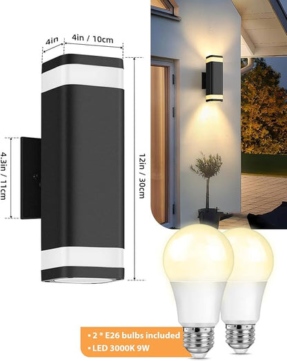 SHIMR Dusk to Dawn Outdoor Wall Light with Sensor, Waterproof Up and Down Exterior Wall Sconce, Modern Black Aluminum Outdoor Light Fixture for Porch Patio Garage, LED Bulbs Included
