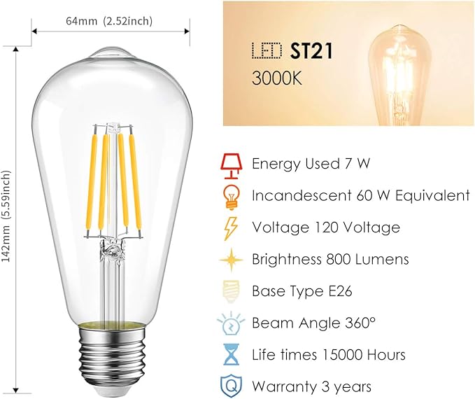 LVWIT ST21 LED Filament Bulb 7W Dimmable 3000K Soft White Vintage Edison Light Bulb E26 Medium Base (6-Pack)