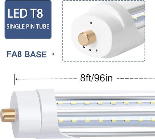 8FT LED Shop Light Bulbs, 8 Foot Led Tube for T8 T10 T12 Fluorescent Replacement, 90W 10000LM, 5000K, Single Pin FA8 V Shaped LED Bulb Light, Ballast Bypass, Dual-Ended Power(6Pack)