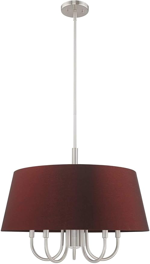 Livex Lighting 52905-91 Belclaire - Six Light Chandelier, Brushed Nickel Finish with Red Wine Fabric Shade