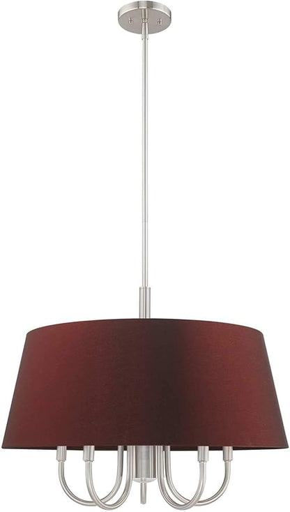 Livex Lighting 52905-91 Belclaire - Six Light Chandelier, Brushed Nickel Finish with Red Wine Fabric Shade