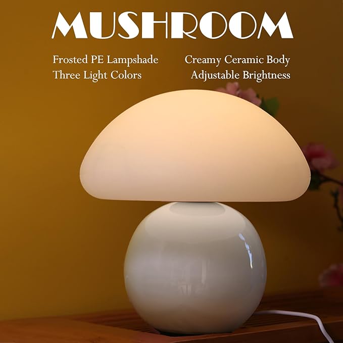Cute Small Mushroom Lamp, PE Lampshade, Ceramic Spherical Base, Adjustable Light Color and Brightness, Safe USB Powered, Energy-Saving LED Mushroom Light for Bedroom Living Room (White)