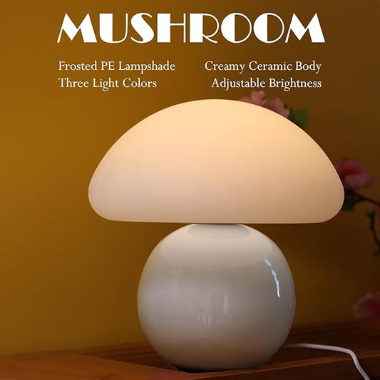 Cute Small Mushroom Lamp, PE Lampshade, Ceramic Spherical Base, Adjustable Light Color and Brightness, Safe USB Powered, Energy-Saving LED Mushroom Light for Bedroom Living Room (White)