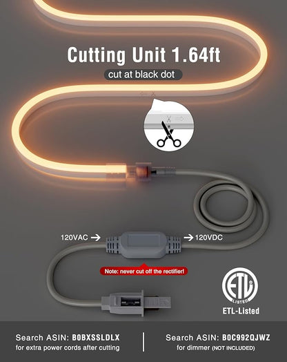 Shine Decor LED Neon Rope Lights AC 120V, Expandable & Cuttable 120LEDs/M Bright Strip Lighting, ETL Cold-Resistant & IP65 Waterproof for Indoor Outdoor, 8x16mm, 2500K Warm White, 16.4ft