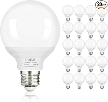 G25 LED Globe Light Bulbs, Round Vanity Light Bulbs for Bathroom, 40W Equivalent, Cool White 4000K, E26 Base, 600LM, Non-Dimmable, 20-Pack
