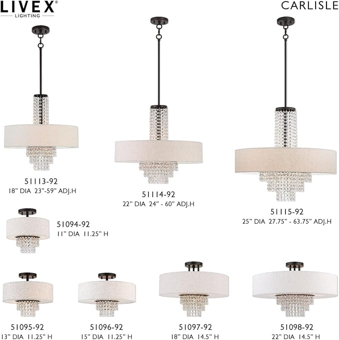 Livex Lighting 51125-92 Carlisle - 41" Five Light Linear Chandelier, English Bronze Finish with Oatmeal Fabric Shade with Clear Crystal