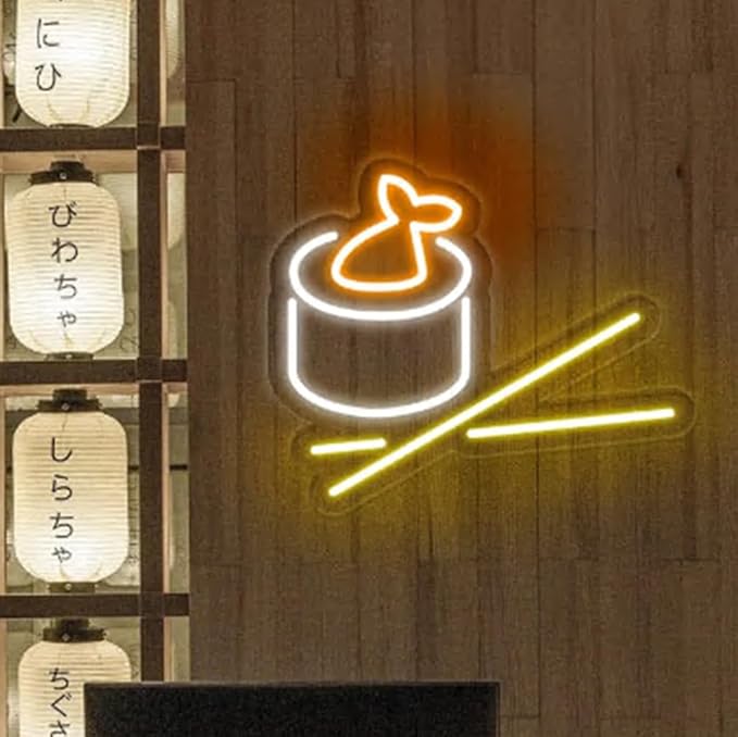 Sushi Roll Chopsticks LED Neon Sign, 18 x 14inches Japanese Restaurant Sushi Roll Set Neon Light Home Kitchen Wall Decor