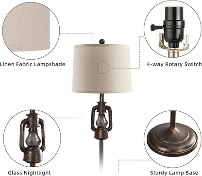 63'' Farmhouse Lantern Floor Lamp for Living Room with 2 Light Sources, Rustic Vintage Resin Tall Standing Lamp with Glass Night Light for Bedroom Office Study Room, Bulb Included (Bronze)