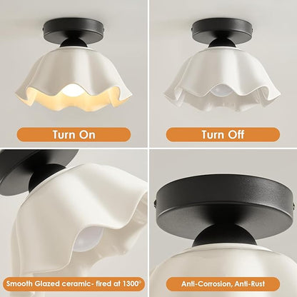 2 Pack Semi Flush Mount Ceiling Light - Flower Glaze Ceramic, Black Vintage Hallway Light Fixtures, White Globe Ceiling Lights, Mid Century Small Light Fixture for Cottage Entryway Laundry Room Foyer