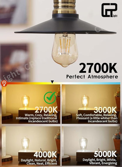 CRLight Amber Glass ST58 = ST19 Vintage LED Edison Bulb - Dimmable 6W 650LM 2700K Warm White, 90+ CRI, E26 Antique Style Decorative Filament Light, 60W Incandescent Replacement, 10-Pack