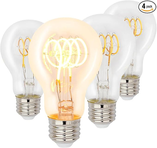 Liii&ARTMAN LED Vintage Light Bulb A19 6W E26 Dim-to-Warm Globe 2000-2800K Clear CRI95 400LM, Imitated 40W Incandescent Light Bulbs (4-Pack)