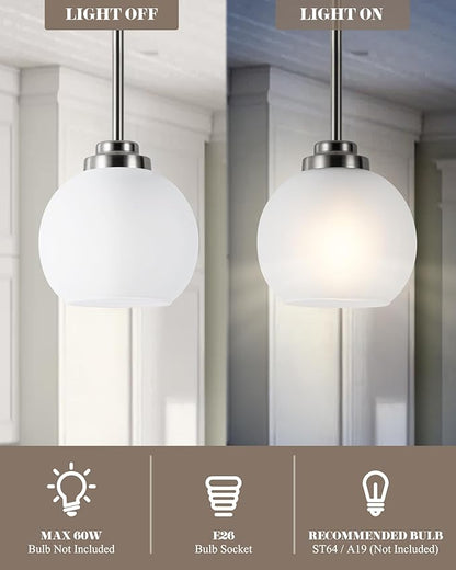 3 Pack Globe Pendant Light, Brushed Nickel Hanging Ceiling Lights with White Frosted Glass Shade, Modern Adjustable Lights for Kitchen Island Bedroom Hallway