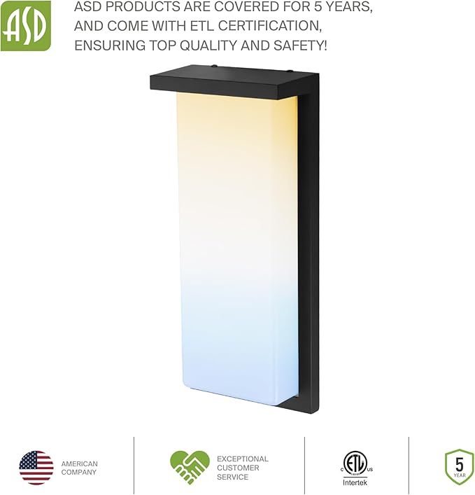 ASD LED 8" Outdoor Wall Light, Front Door House Sconce | 3CCT, Dimmable, Waterproof, ETL Listed | 12W 900LM 3000-5000K 120V | Exterior Patio Lighting Fixture, Flush Mount Porch Lamp | Black, 4 Pack