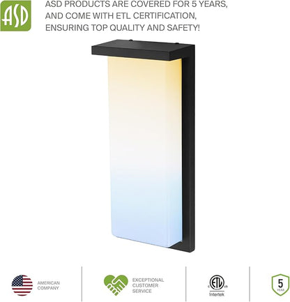 ASD LED 8" Outdoor Wall Light, Front Door House Sconce | 3CCT, Dimmable, Waterproof, ETL Listed | 12W 900LM 3000-5000K 120V | Exterior Patio Lighting Fixture, Flush Mount Porch Lamp | Black, 4 Pack