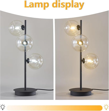 Modern Globe Table Lamp, Mid Century 3 Lights Black Bedside Lamp, Brown Glass Globe Reading Lamp for Bedroom Living Room Study Room