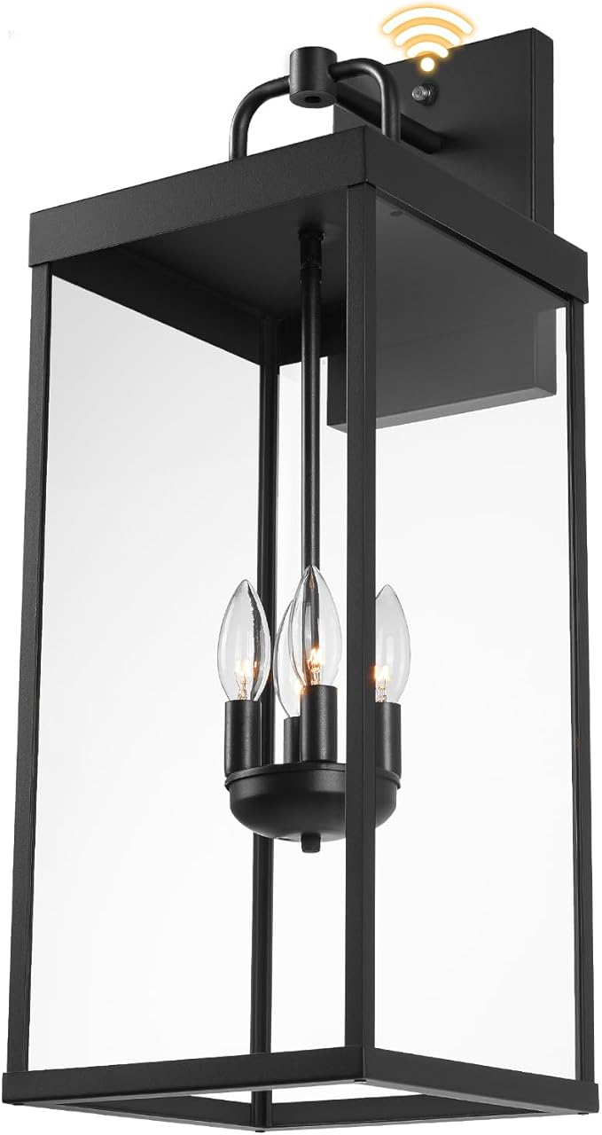 Dusk to Dawn Outdoor Wall Sconce Light, 28 Inch Tall Transitional Exterior Wall Lighting with Clear Glass, Anti-Rust Powder Coat Black Modern Outside Wall Lantern for Front Porch, DDRZ008XL BK