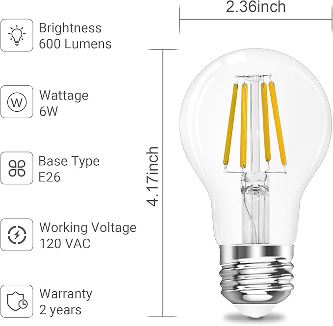 A19 E26 Base Dimmable Edison LED Bulb, 4W (40 Watt Equivalent) 3000K Soft Warm White, Vintage Clear Glass LED Filament Bulb for Home, Wall Sconce, Chandelier, 6 Pack (6W=60W 3000K Soft White)