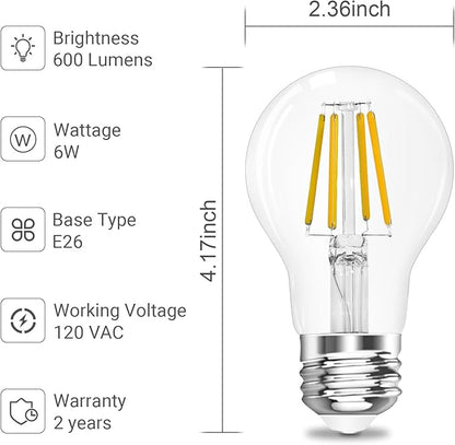 A19 E26 Base Dimmable Edison LED Bulb, 4W (40 Watt Equivalent) 3000K Soft Warm White, Vintage Clear Glass LED Filament Bulb for Home, Wall Sconce, Chandelier, 6 Pack (6W=60W 3000K Soft White)