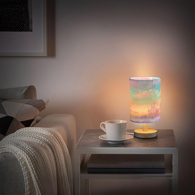 Bedside Lamp Princess Castle Pink Sky Table Lamp for Bedroom LED Nightstand Lamp Shade USB Ports Wood Base for Living Room Dorm Office
