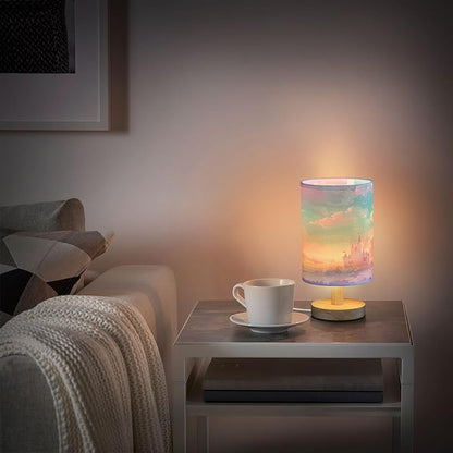 Bedside Lamp Princess Castle Pink Sky Table Lamp for Bedroom LED Nightstand Lamp Shade USB Ports Wood Base for Living Room Dorm Office