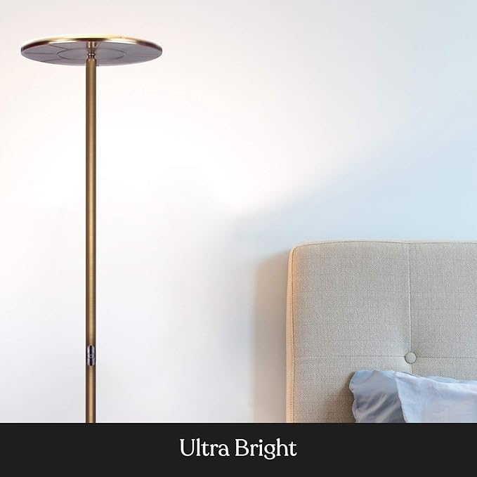 Brightech Sky Flux Dimmable LED Floor Lamp – Super Bright Floor Lamp with 3 Light Modes for Living Room, Office – Torchiere Standing Touch-Lamp, Tall Torch Lamp for Bedroom & Reading - Brass