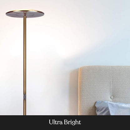 Brightech Sky Flux Dimmable LED Floor Lamp – Super Bright Floor Lamp with 3 Light Modes for Living Room, Office – Torchiere Standing Touch-Lamp, Tall Torch Lamp for Bedroom & Reading - Brass