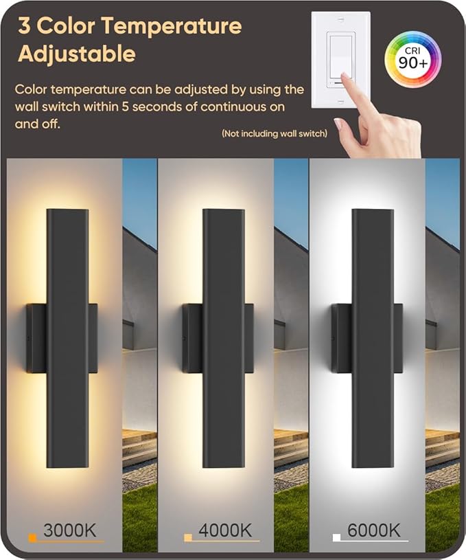 Aipsun 2 Packs Outdoor Wall Sconce, 3000K 4000K 6000K, 15.75in Modern Black Exterior Light, Long LED Linear Wall Light Outside Lighting for Entrance, Hallway, Garage, Porch(3CCT)