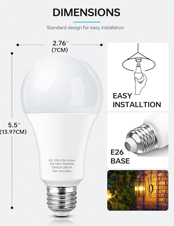 KINDEEP Yellow Bug Light Bulb Outdoor, 150W-200W Equivalent LED Bug Light for Outside, A21 E26 23W 2000K Warm Lights Bulbs for Porch/Patio/Hallway/Backyard, Non-Dim White Housing, 4 Pack