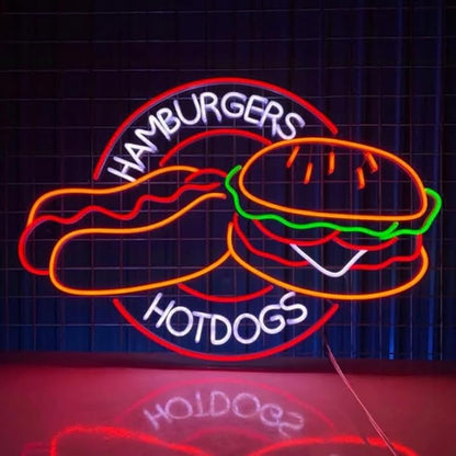 Hamburgers Hotdogs Neon Sign, Burger Led Sign, Fast Food Restaurant Decor, Hamburger Store Wall Art Size:20inch