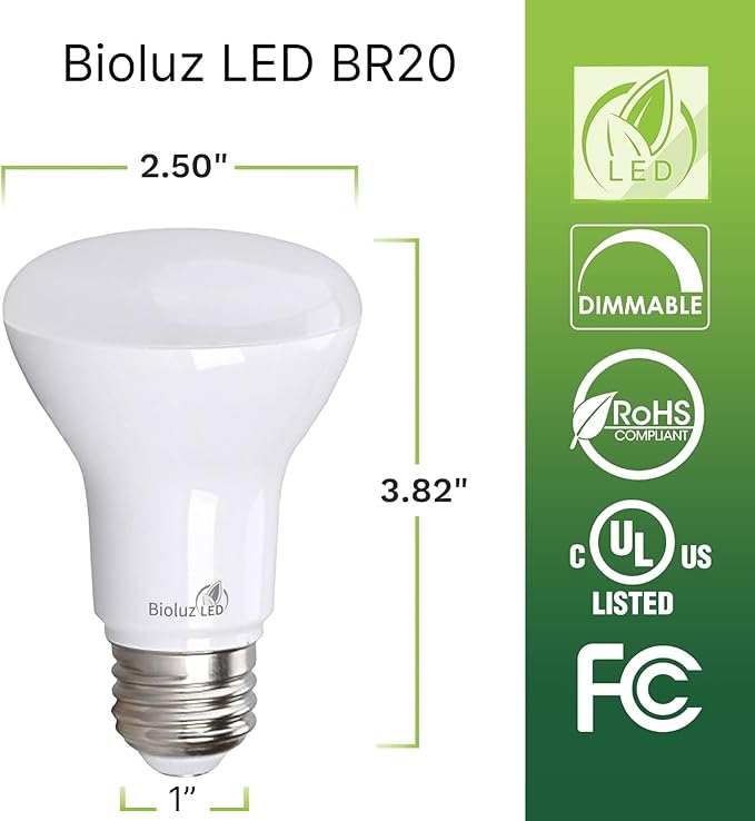 Bioluz LED Light Bulb BR20 Light Bulbs 2700K Bright Warm White LED Bulbs 6W=50W Replacement 90 CRI 540 Lumen Indoor/Outdoor UL Listed CEC Title 20 Compliant Home Decor LED Lights for Bedroom - 20 Pack