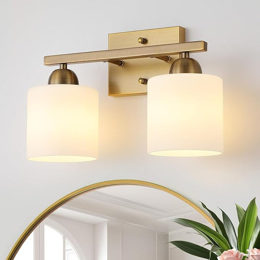 Stainless Steel Milk Glass Vanity Lights for Bathroom, 2 Light Brass Bathroom Light Fixtures Over Mirror, Ceramic E26 Sockets Wall Mounted