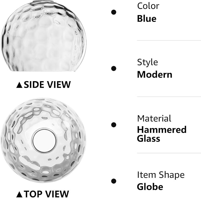 Fixture Replacement Globe Shade with 1.65 Inch Fitter, 8 Inch Diameter, E26 Base 1-5/8 Inch Fitter, Glass Lampshade Cover for Pendant Wall Sconce Chandelier Vanity Light (Hammered Clear)