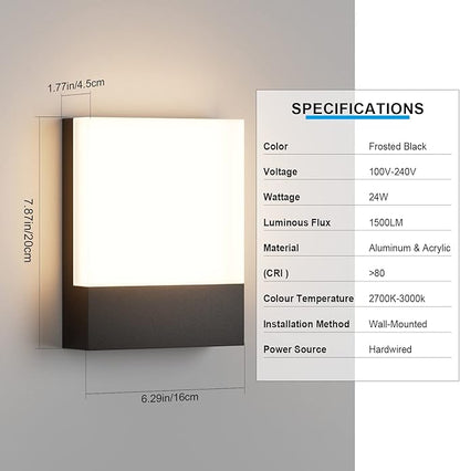 Modern Outdoor Led Wall Light, 24W 3000K Wall Porch & Patio Light,Exterior Hardwired Wall Light Fixtures,IP65 Waterproof Square Wall Lamp for Garage, Front Door,House Yard(Black,1-Pack)