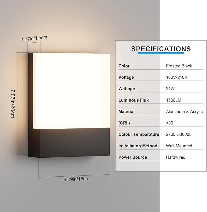 Modern Outdoor Led Wall Light, 24W 3000K Wall Porch & Patio Light,Exterior Hardwired Wall Light Fixtures,IP65 Waterproof Square Wall Lamp for Garage, Front Door,House Yard(Black,4-Pack)