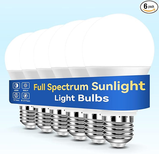 Neporal Full Spectrum Light Bulb, 6000K UV-Free Daylight Sunlight Light Bulbs, 9W (60W Equivalent) LED CRI 90, Flicker-Free, 30,000 Hrs Lifespan, E26/E27 Natural Light Bulb for Home & Office - 6PK
