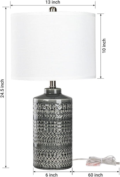 Modern Ceramic Table Lamp, 24.5" Living Room Lamps 3-Way Dimmable Gray Nightstand Lamp with White Shade|Tall Bedside Lamp Desk Decor Lamps for Bedrooms Farmhouse Office End Table Lamps(Bulb Included)