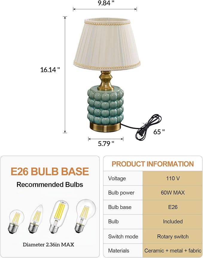 Vintage Lamp for Bedroom,Unique Lamps Cracked Ceramic lamp,UL Rotary Switch Control Pleated lamp Shade,Small Table lamp for Living Room Decor Kitchen Lighting (Blue+Pleated)