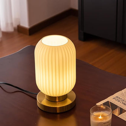Bedside Table Lamp with Glass Shade, Small Nightlight Lamp Elegant Milky White Glass Nightstand Lamp Modern Desk Lamp with Plug-in Style for Bedroom Living Room Tabletop Dia5.9"x H9.8"